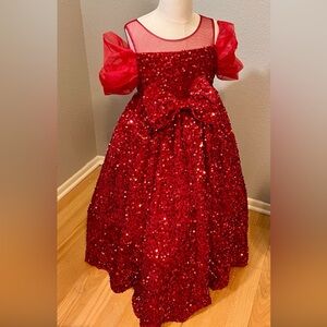 #555 Youth/Girl Red Sequin Cold Shoulder Mesh Front Bow A Line Party Dress - 9Y